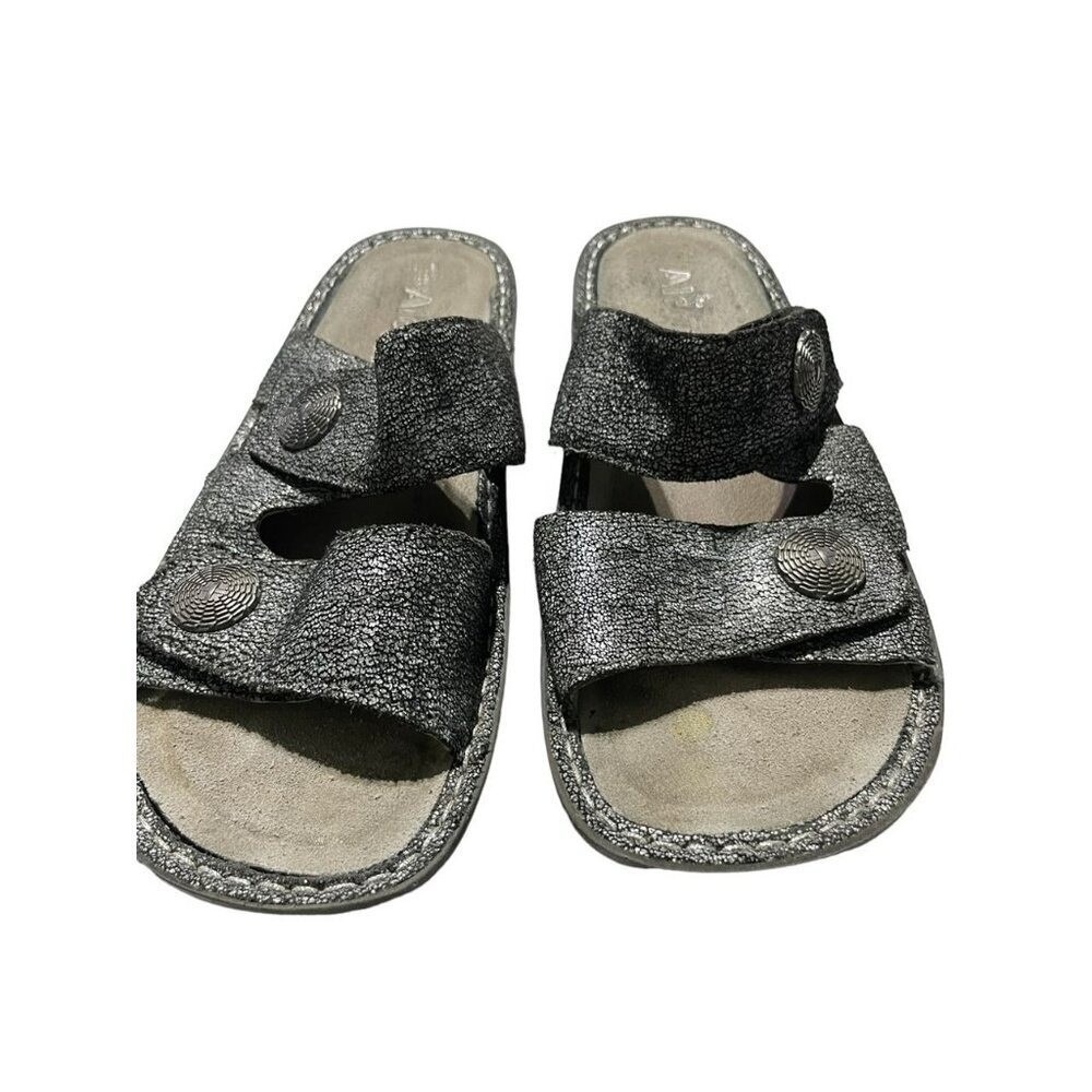Alegria by PG Lite Womens Metallic Pewter Leather Slide Sandals Medallion 39 - Picture 2 of 6